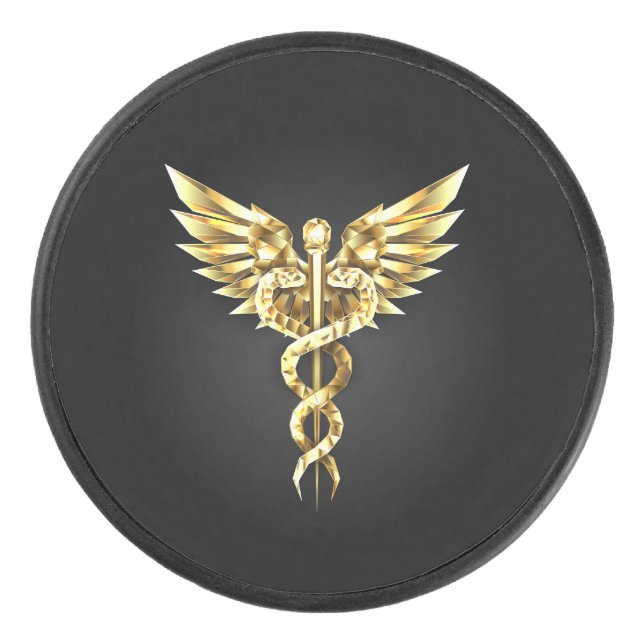 Gold Polygonal Symbol Caduceus Hockey Puck (Front)