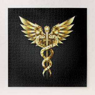 Gold Polygonal Symbol Caduceus Jigsaw Puzzle