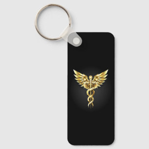 Gold Polygonal Symbol Caduceus Key Ring