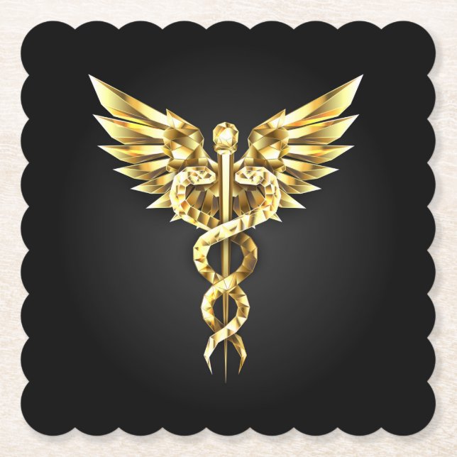 Gold Polygonal Symbol Caduceus Paper Coaster (Front)