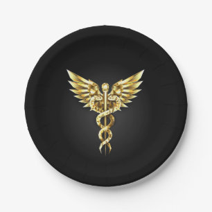 Gold Polygonal Symbol Caduceus Paper Plate