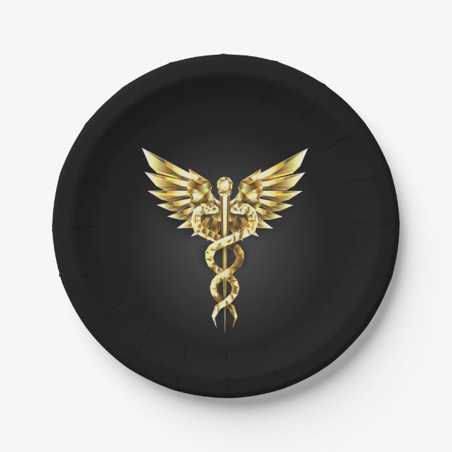 Gold Polygonal Symbol Caduceus Paper Plate (Front)