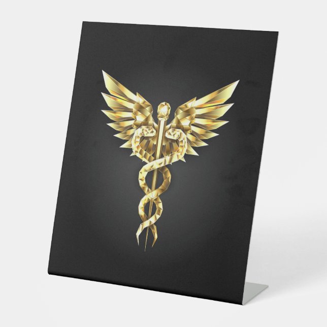 Gold Polygonal Symbol Caduceus Pedestal Sign (Front)