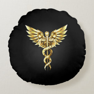 Gold Polygonal Symbol Caduceus Round Cushion