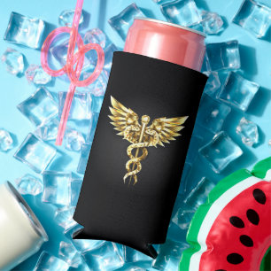 Gold Polygonal Symbol Caduceus Seltzer Can Cooler