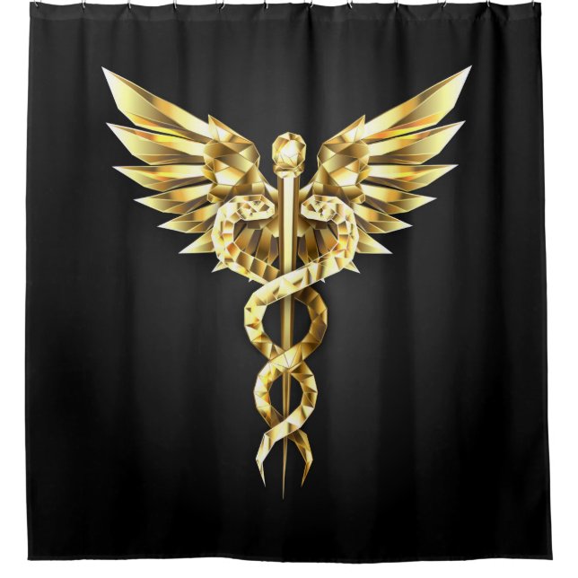 Gold Polygonal Symbol Caduceus Shower Curtain (Front)
