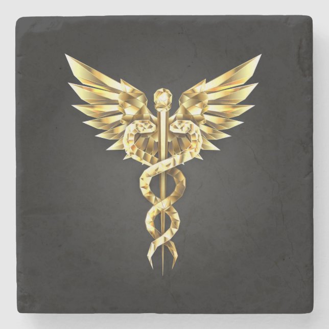 Gold Polygonal Symbol Caduceus Stone Coaster (Front)