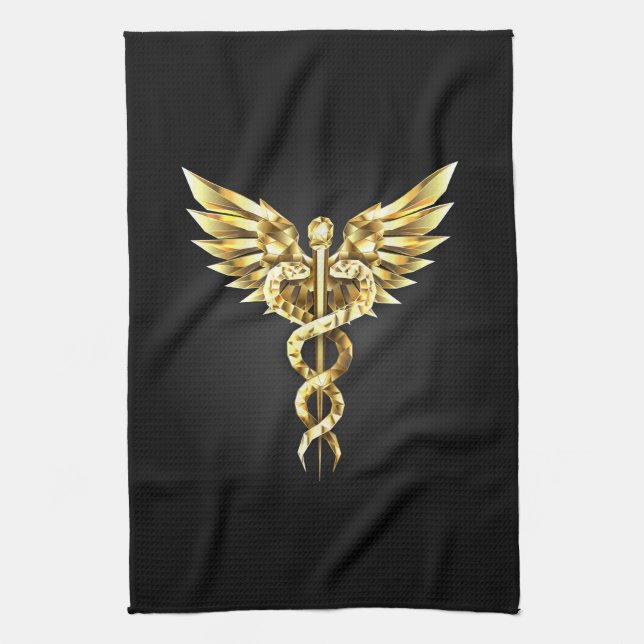 Gold Polygonal Symbol Caduceus Tea Towel (Vertical)