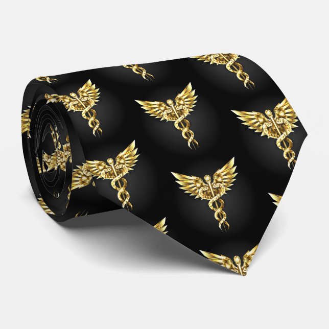 Gold Polygonal Symbol Caduceus Tie (Rolled)