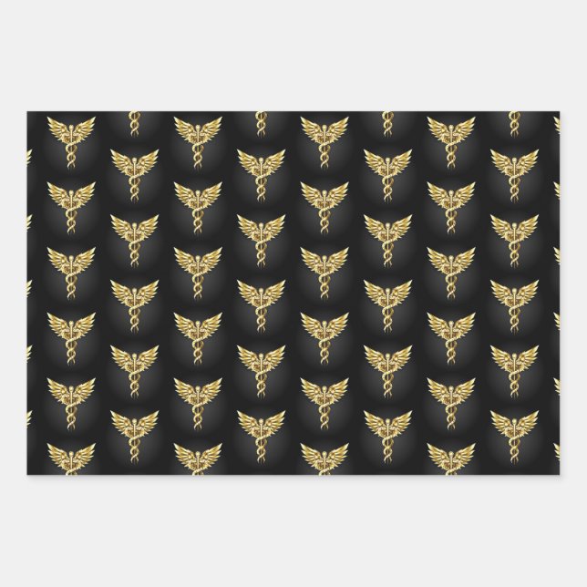 Gold Polygonal Symbol Caduceus Wrapping Paper Sheet (Front)