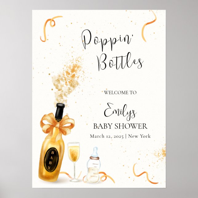 Gold Poppin Bottles Champagne Baby Shower Welcome Poster (Front)