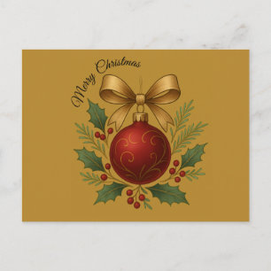 Gold Postcard - Merry Christmas Red Ornament