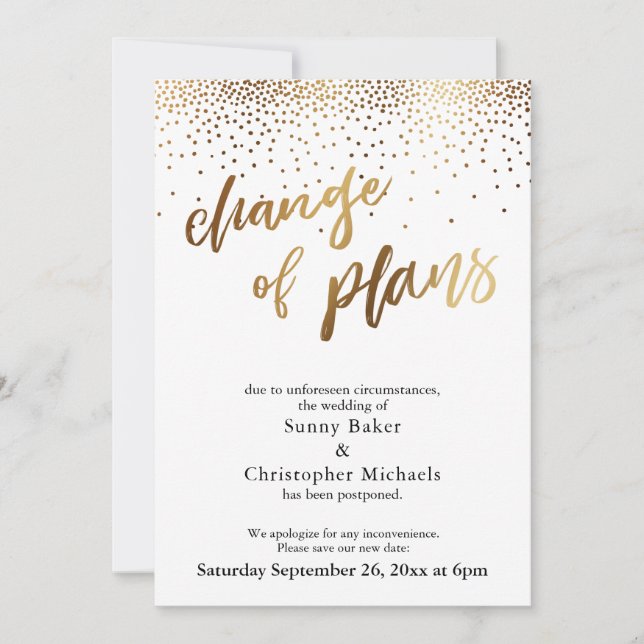 Gold Postponed Wedding "Change of Plans" Card (Front)