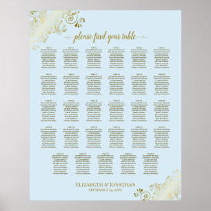 Gold & Powder Blue 29 Table Wedding Seating Chart