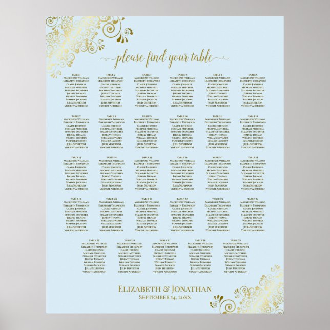 Gold & Powder Blue 29 Table Wedding Seating Chart (Front)