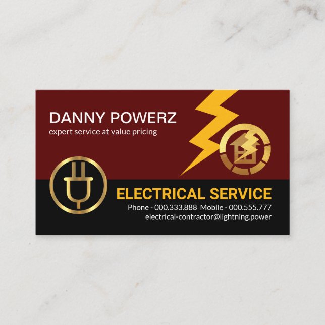 Gold Power Plug Lightning Strike Business Card (Front)