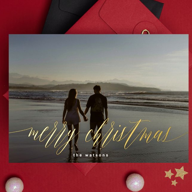 Gold Pressed Calligraphy Merry Christmas Photo Foil Holiday Card (Creator Uploaded)