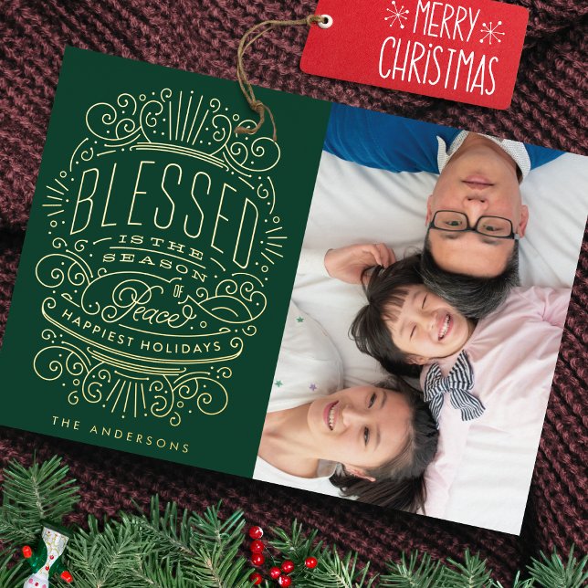 Gold Pressed Christmas Greeting Green Photo Foil Holiday Card (Creator Uploaded)