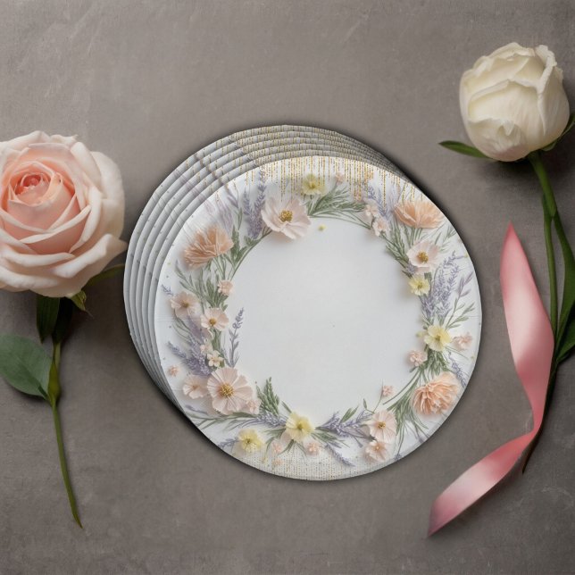 Gold Pressed Wildflower in Bloom Baby Shower Paper Plate (Creator Uploaded)