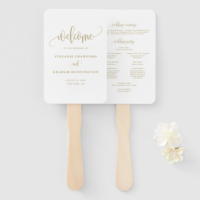 Gold Pretty Calligraphy Script Wedding Program Hand Fan (Front and Back)