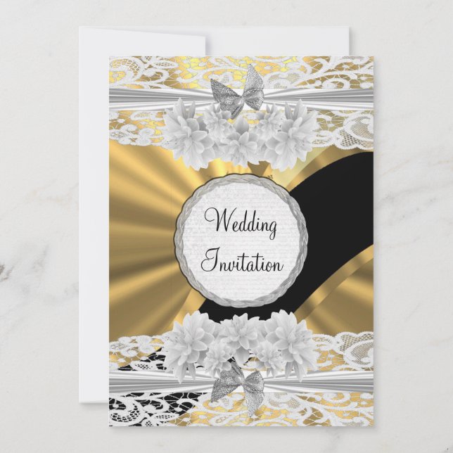 Gold pretty feminine white lace wedding invitation (Back)