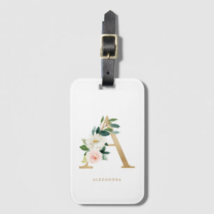 Gold Pretty Florals Letter A Monogram Bridesmaid Luggage Tag