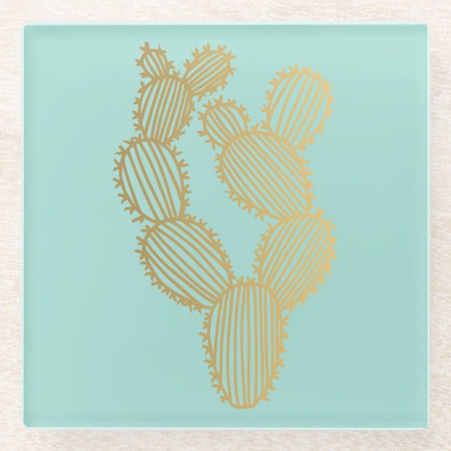 Gold Prickly Cactus Doodle Glass Coaster (Front)