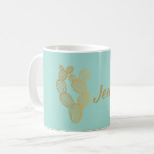 Gold Prickly Cactus Doodle Personalised Coffee Mug