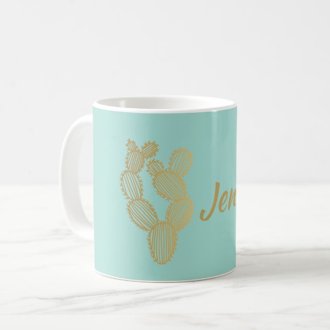 Gold Prickly Cactus Doodle Personalised Coffee Mug (Front Left)