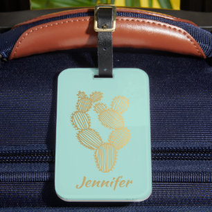 Gold Prickly Cactus Doodle Personalised Luggage Tag