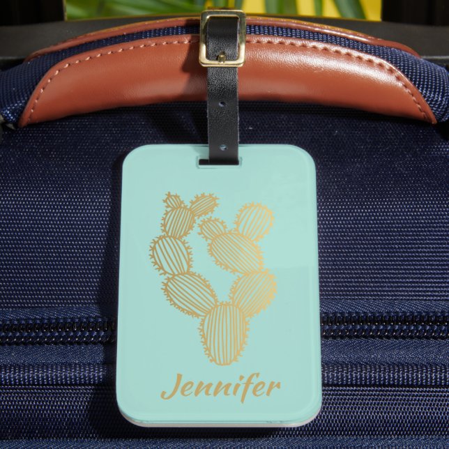 Gold Prickly Cactus Doodle Personalised Luggage Tag (Front Insitu 2)