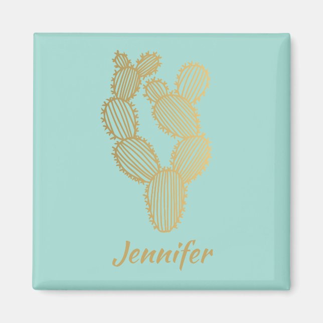Gold Prickly Cactus Doodle Personalised Magnet (Front)