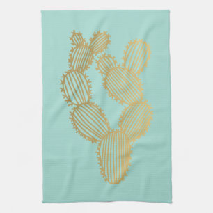 Gold Prickly Cactus Doodle Tea Towel