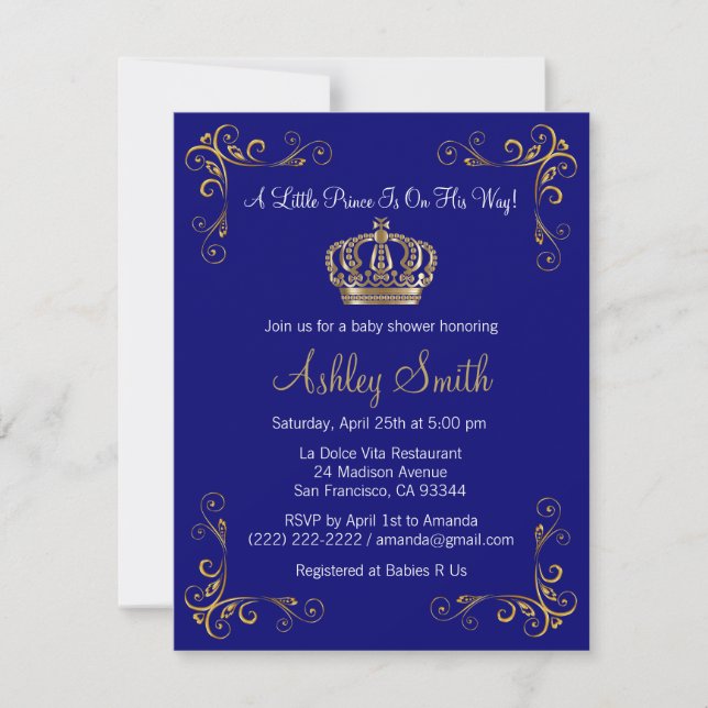 Gold Prince Baby Shower Invitation - Personalised (Front)