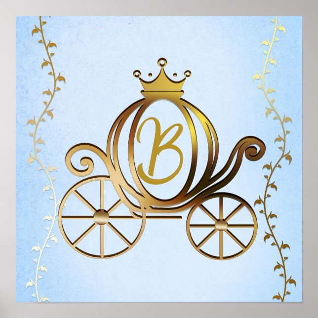 Gold Princess Carriage Blue Storybook Personalised Poster (Front)