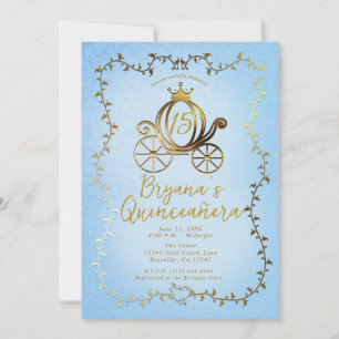 Gold Princess Carriage Blue Storybook Quinceañera Invitation