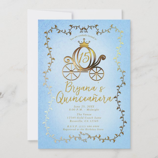 Gold Princess Carriage Blue Storybook Quinceañera Invitation (Front)