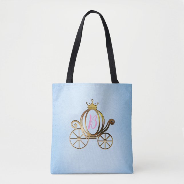 Gold Princess Carriage Blue Storybook Royal Tote Bag (Front)