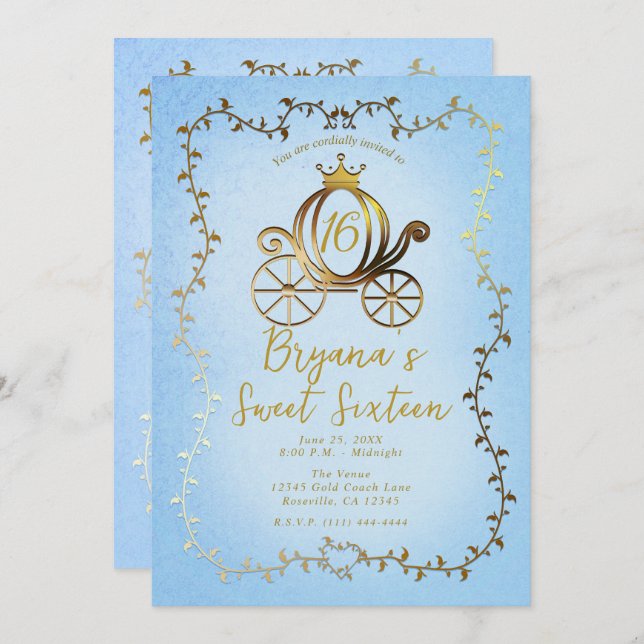 Gold Princess Carriage Blue Storybook Sweet 16 Invitation (Front/Back)