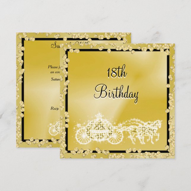 Gold Princess Coach & Horses 18th Birthday Invitation (Front/Back)