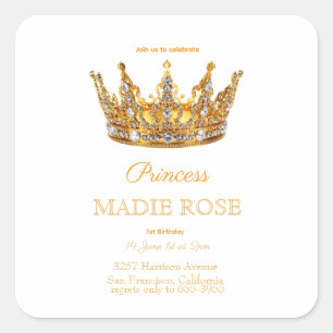 Gold Princess Crown Fairytale Birthday Square Sticker