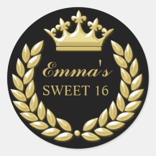 Gold Princess Crown Personalised Black Sweet 16 Classic Round Sticker