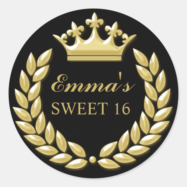 Gold Princess Crown Personalised Black Sweet 16 Classic Round Sticker (Front)