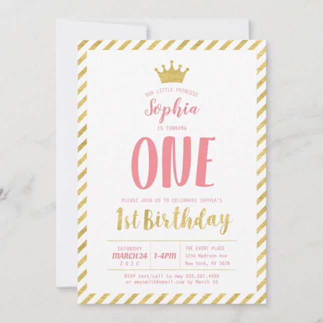 Gold, Princess | Girl 1st Birthday Invitation (Front)