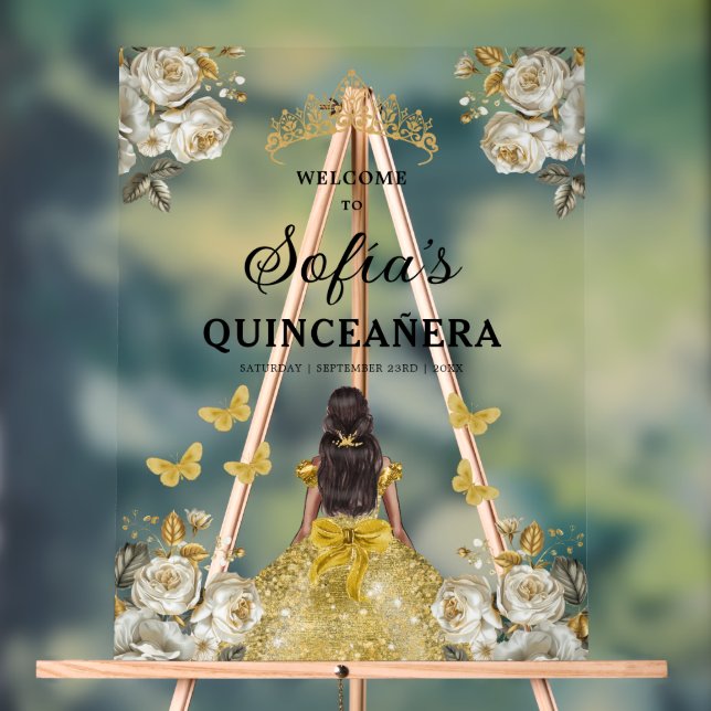 Gold Princess Quinceañera Birthday Welcome  Acrylic Sign (Neutral)