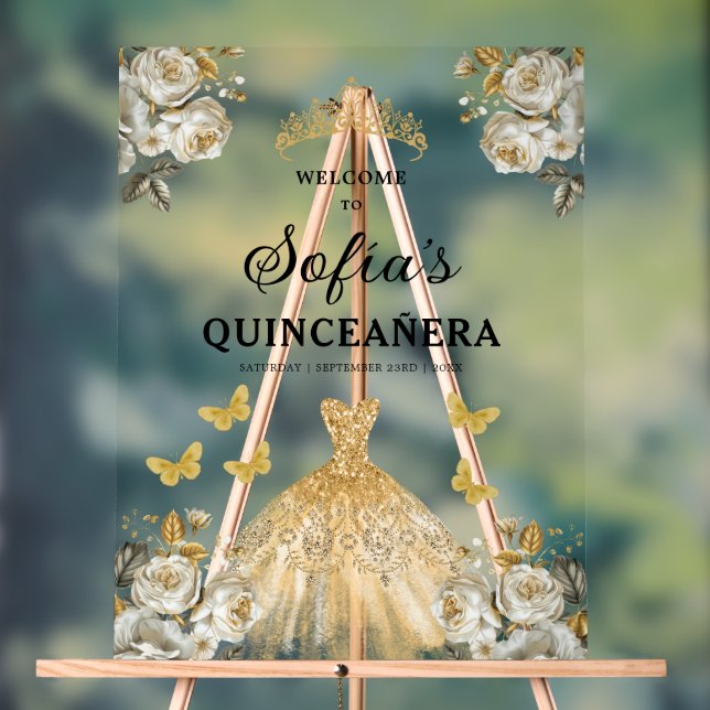 Gold Princess Quinceañera Birthday Welcome  Acrylic Sign (Neutral)