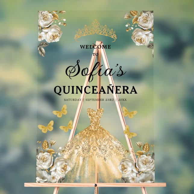 Gold Princess Quinceañera Birthday Welcome  Acrylic Sign (Neutral)