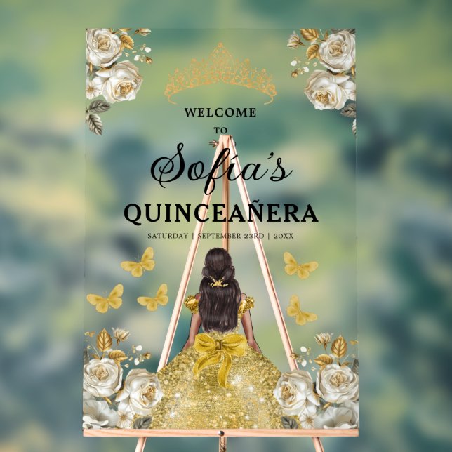 Gold Princess Quinceañera Birthday Welcome  Acrylic Sign (Neutral)
