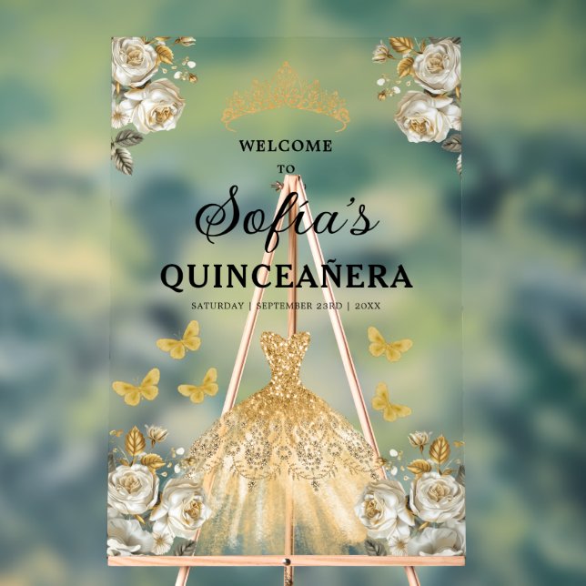 Gold Princess Quinceañera Birthday Welcome  Acrylic Sign (Neutral)