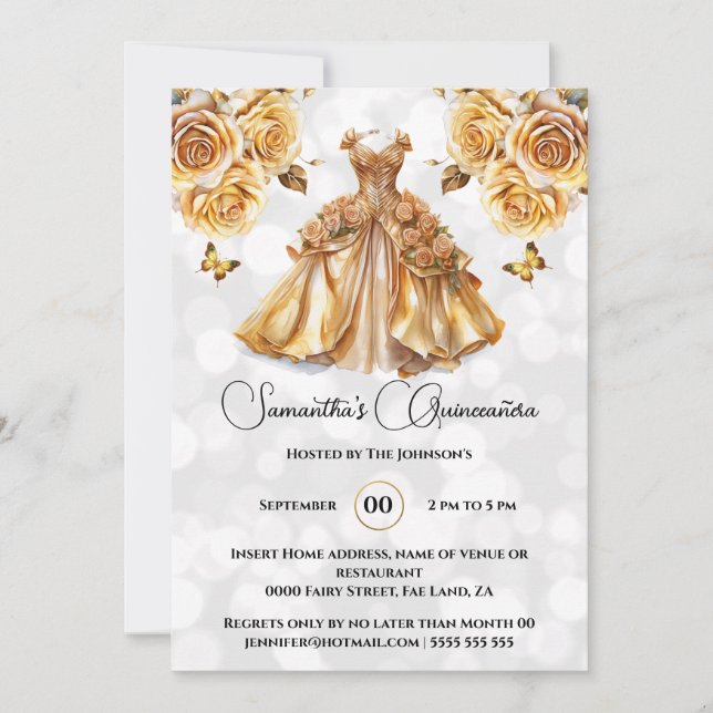 Gold princess Quinceañera fantasy ballgown roses Invitation (Front)